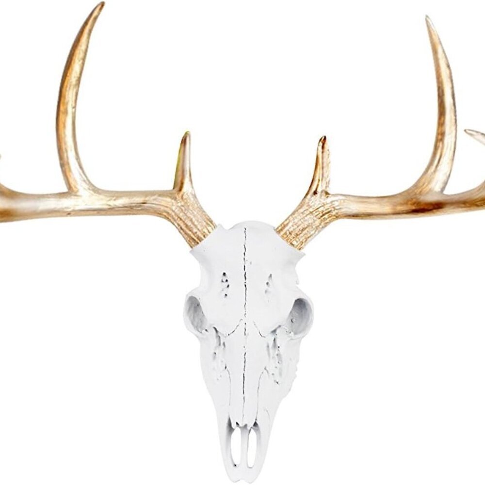 Wall Charmers Large White + Gold Antler Faux Deer Skull Decor - 21 inch Faux Tax